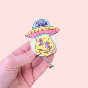 Raccoon UFO Badge Reel: Funny Alien Abduction Retractable ID Holder
