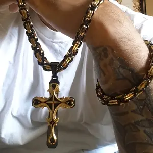 2pcs Vintage Men's Fashion Necklace Set with Cuban Chain & Stainless Steel Cross Pendant