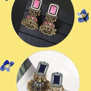 INDIAN Women's Square Dangle Earrings Vintage Alloy Earrings Blue Oil Drip Bell