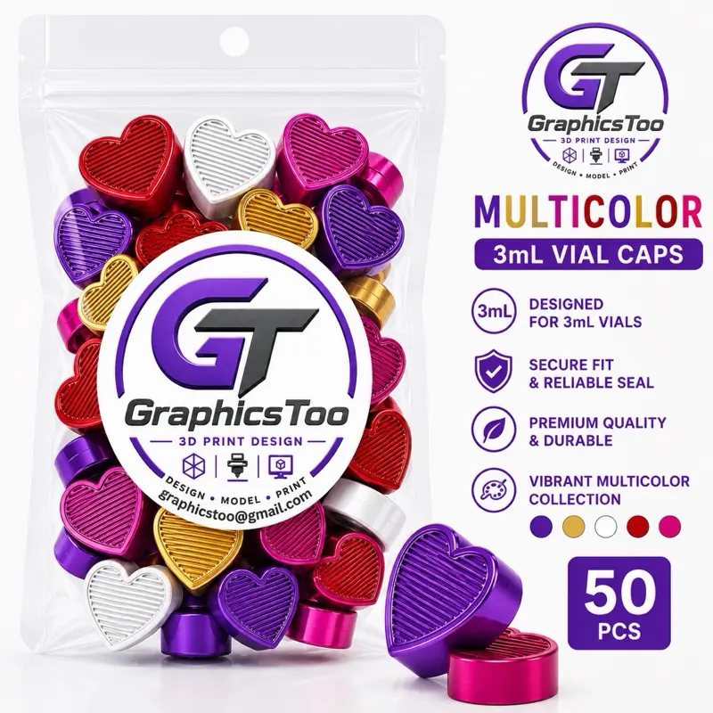 Multicolor Heart Caps for 3mL Vials | 50PCS Decorative Snap-On Caps | Premium 3D Printed Accessories Organizing Aesthetic