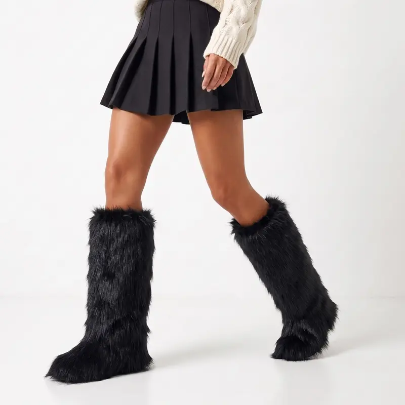 Womens Faux Fur Knee High Boots Round Toe Flat Heels Pull On Chic Cozy Warm Comfortable Stylish Trendy Fashion Party Dress Date Casual Outdoor Vacation Travel Street Style Tall Long Boots