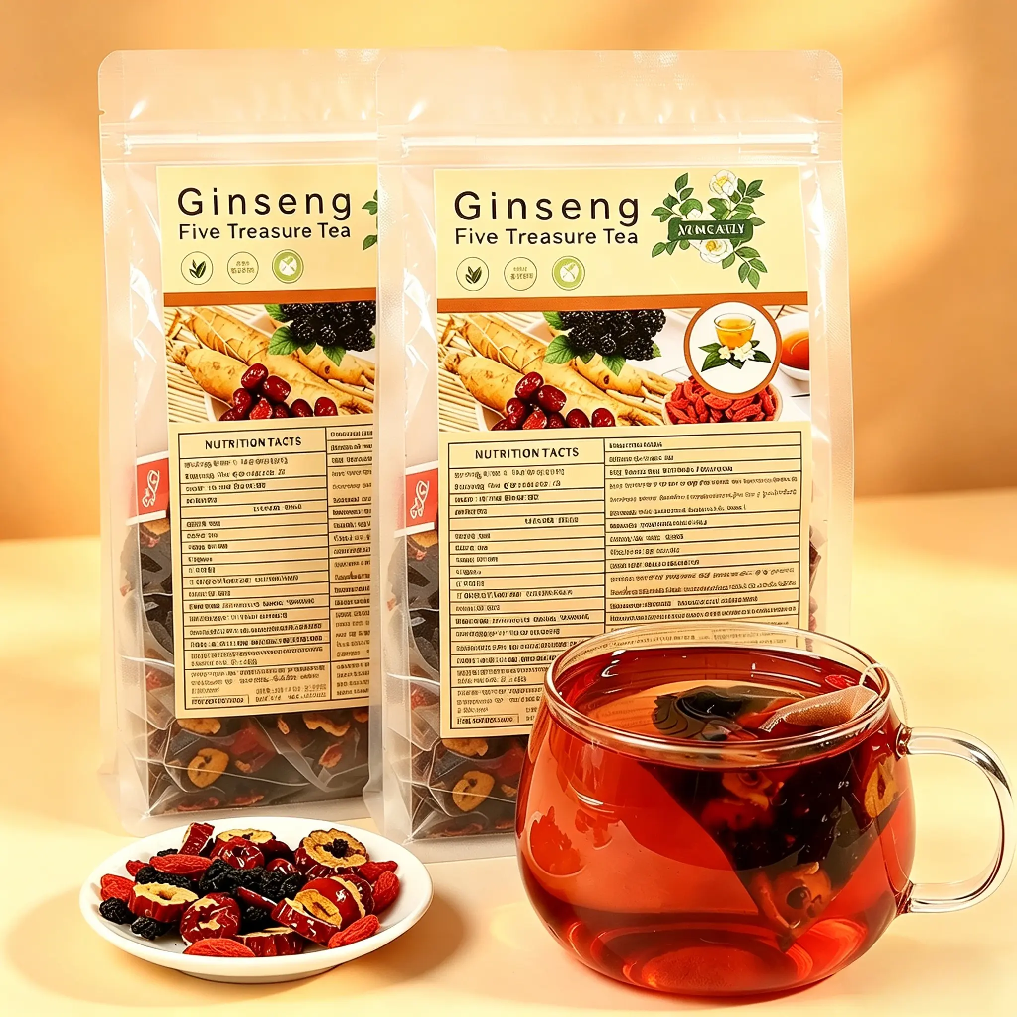 5 Treasures Chinese Herbal Ginseng Tea Bags, 250g, 50 Individually Packed with Ginseng, Maca, Mulberry, Wolfberry, Jujube, Polygonatum, for Reducing Fatigue, Enhancing Physical Stamina, Supporting Immune Balance, Five Treasures Tea