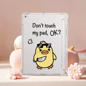 Angry Duck with Knife Pattern Clear iPad Case with Built-in Pencil Holder, Soft TPU, Shockproof, Lightweight, One-Side Protection, Portable for Outdoor Use, Compatible with iPad Air 4/5/6, iPad Pro 11 2024, iPad Mini 4/5/6/7, iPad 10th/9th/8th/7th Series.