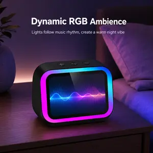 AI smart alarm clock speaker with RGB lighting effects, wireless speaker, large display, voice assistant, hands-free calling, weather display, photo album function, 2500 mAh rechargeable bedside digital clock suitable for bedrooms and desks. Valentine’s D