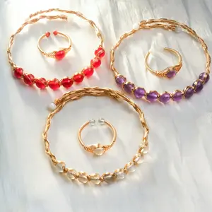 1 Count Adjustable Crystal Wire-Wrapped Bracelet & Pinky Ring Set Amethyst Carnelian Labradorite