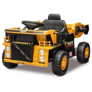 12V Kids Ride-On Dump Truck – Remote Control, Electric Construction Vehicle, Dump Bed, Shovel, Music, 4-Wheel Shock Absorption – Classic Yellow