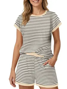 JointlyCreating Women's 2-Piece Striped Short Sleeve Tee & Shorts Set, Casual Round Neck Matching Womenswear for Summer Daily Wear & Lounging
