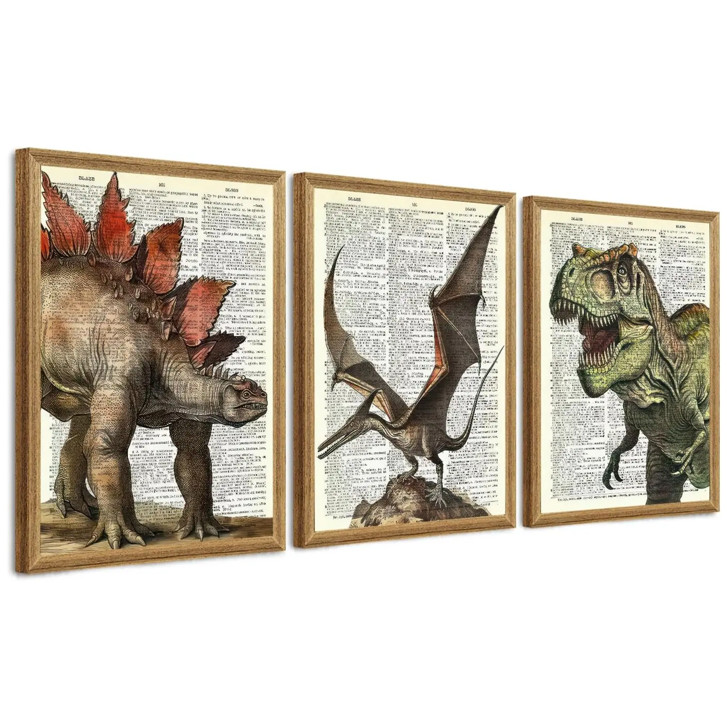 Dinosaur Wall Art Set of 3, Vintage Dinosaur Dictionary Prints, Stegosaurus Pterodactyl T-Rex Posters, Jurassic Nursery Decor, Dinosaur Lover Gift, Prehistoric Art Collection