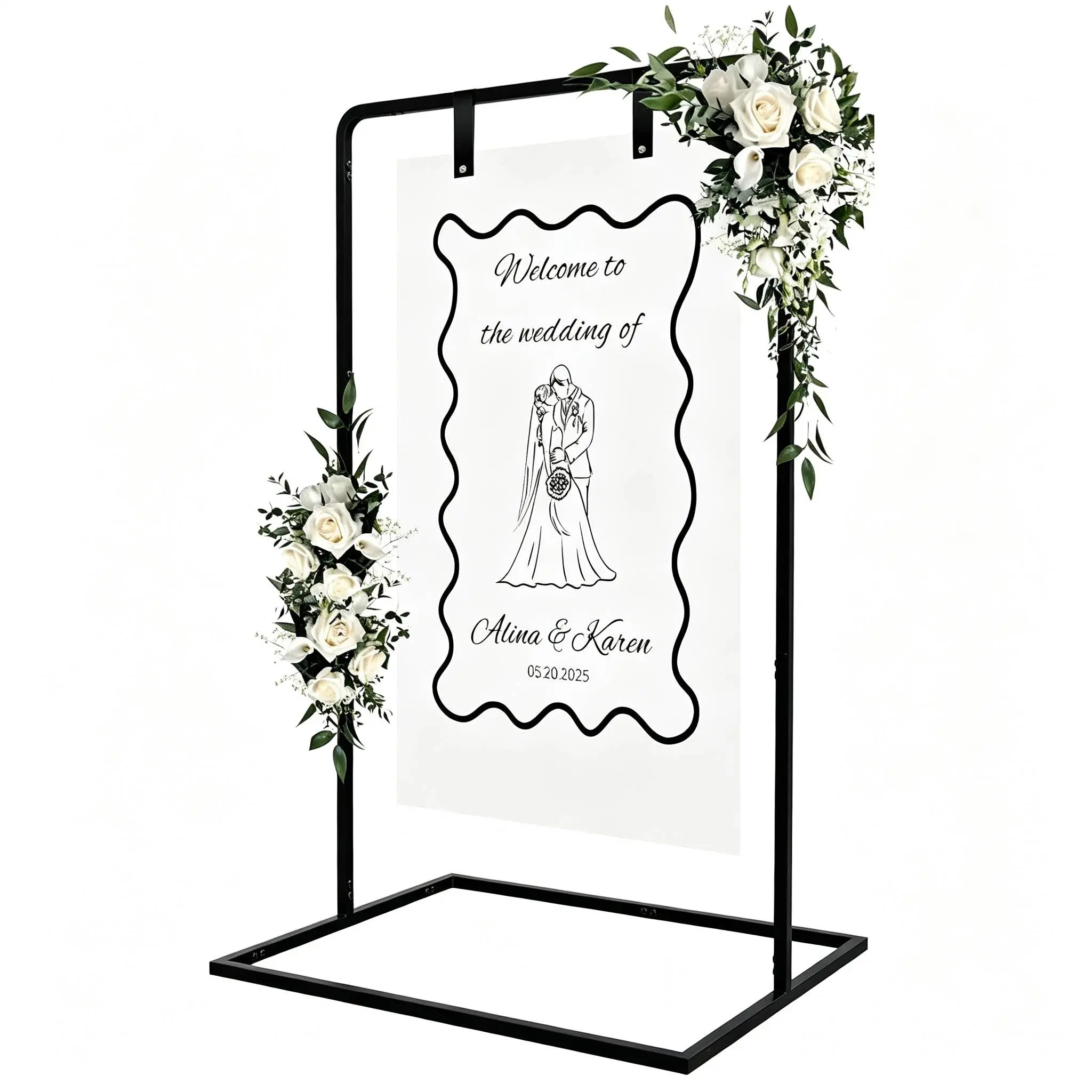 Adjustable Black Metal Easel Stand with Leather Straps, 4.2-5.6ft Floor Display Holder for Welcome Signs, Wedding, Birthday & Event Decor