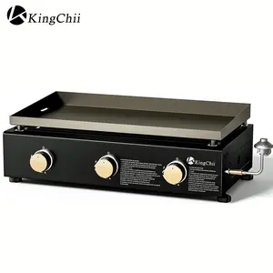 KingChii 28 Inch Tabletop Gas Griddle 3 Burner Portable Flat Top Grill with Rear Grease Trap Non Stick Outdoor Propane BBQ Griddle for Backyard Patio Camping Black