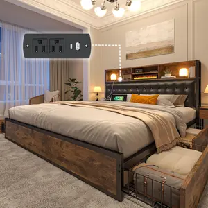 Raybee Queen Bed Frame with 4 Storage Drawers, Bed Frame Queen Size with Upholstered Headboard and Built in Charging Station, No Noise, Metal Support, No Box Spring Needed,Vintage Brown