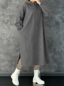 Women's Elegant Hooded Sweatshirt Dress, Drawstring Design Knee-Length, Long Sleeve, Spring Autumn Winter Wear, Stylish and Comfortable