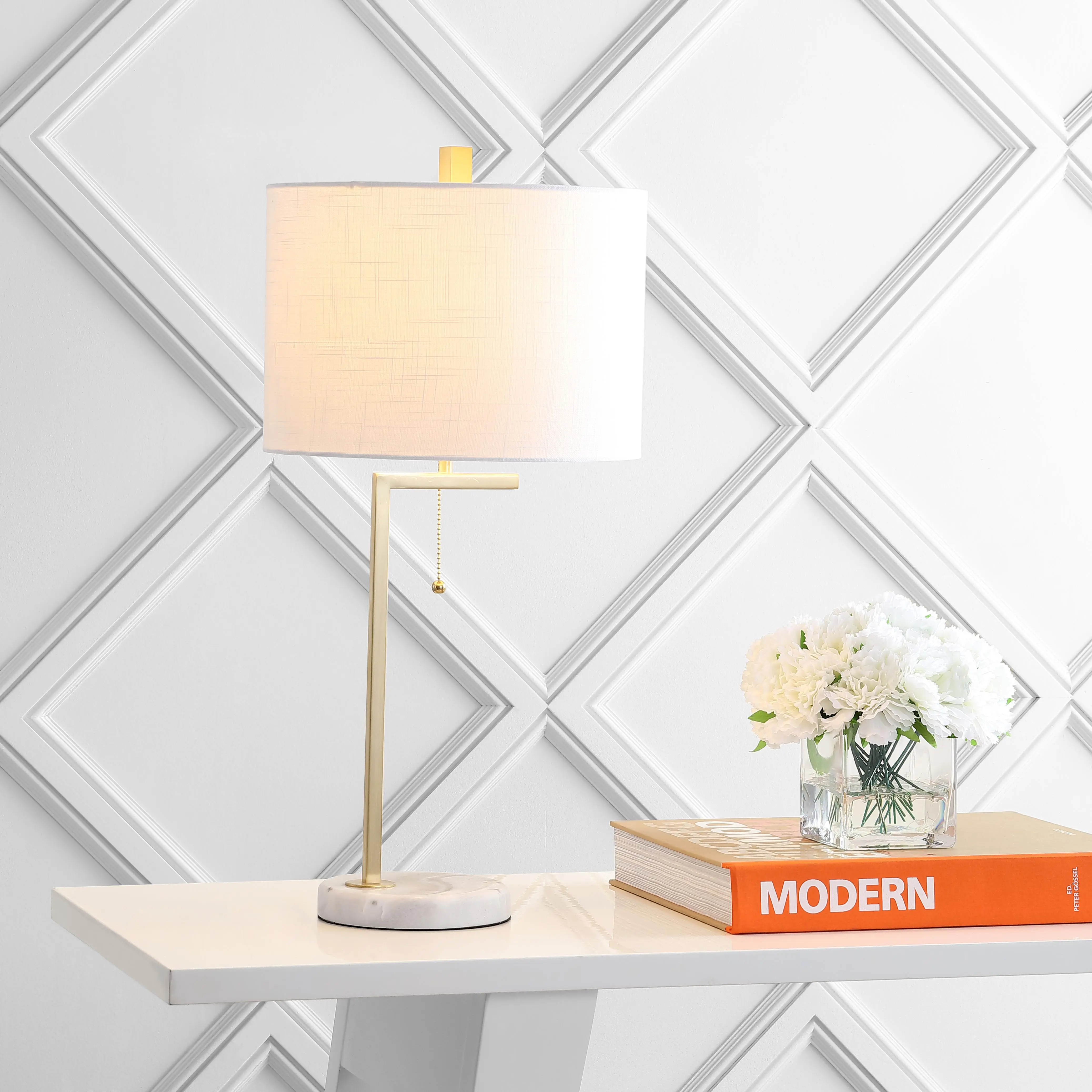 JONATHAN Y Alyssa Table Lamp 24.5" Metal Marble | Linear Modern Design, Linen Drum Shade, Pull Chain Switch, Living Room and Office Desk Light, LED Bulb Included