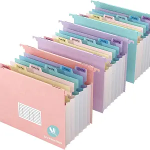Expandable Hanging File Folder for File Cabinet, 7 Pockets, 1.2 Inch Multi-Color Labels, Letter Size, 50% Straw, 3 Pack (pastel Colors)