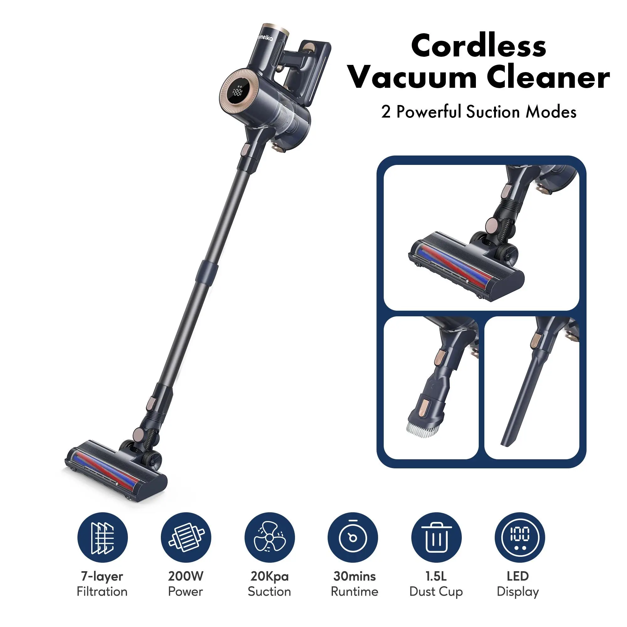 Homeika Cordless Vacuum Cleaner, 20Kpa Powerful Suction Pro Vacuum with LED Display, 8 in 1 Lightweight Stick Vacuum Cleaner with 30 Min Runtime Detac