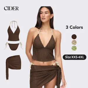 Cider 3-Piece Texture Halter Neckline Lettuce Trim Knotted Tankini Tie Side Bikini Set With Sarong SwimWeek