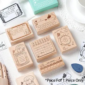 1 pcs Memo Cat Box Wooden Diary Stamp Retro Cat Schedule Planner Beech Wood Stamp Daily Memo Stamp Charming