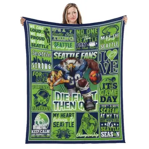 Seattle Football Lovers Flannel Blanket, Plush Football Travel Blanket Gifts for Men Women Boys Kids, Football Team Color Soft Throw Blanket