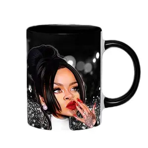 Hip Hop Mug Shots Classic Caricature Ceramic Mug with Color Handle/Rim Coffee Cup Printed Drinkware Colorful Tea Reusable Reuse