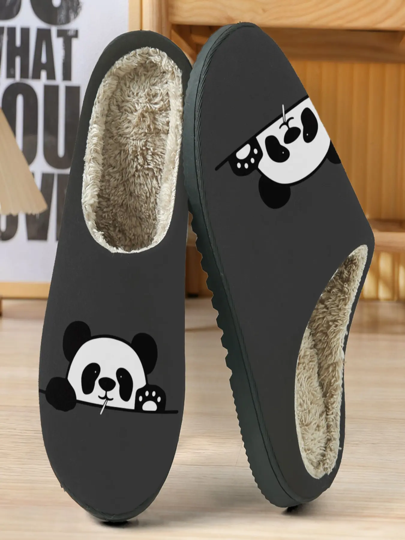 Funny Panda Cotton Slippers, Deep Base with Sunglasses Tongue-Out Pattern, Fun Cool Style, Plush Lining, Casual Home Wear