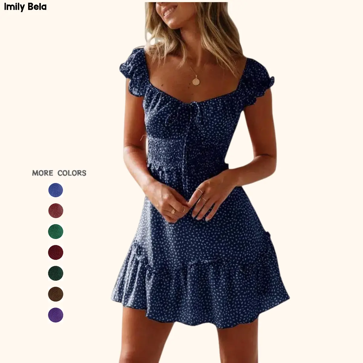 Imily Bela Women's Summer Ruffle Sleeve Sweetheart Neckline Printing Dress Mini Dress
