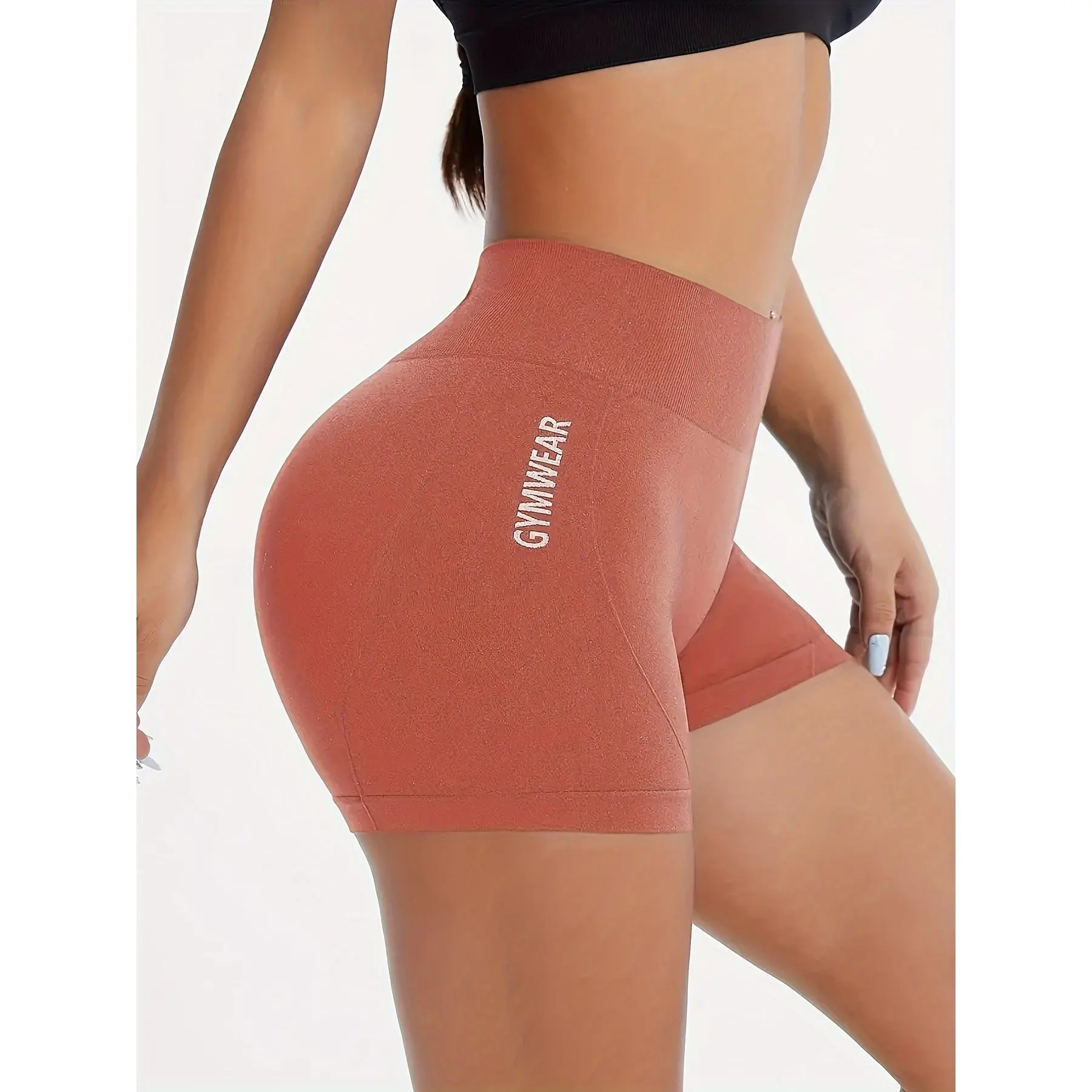 [Breathable Gym Shorts] Breathable, Stretchy Women's High-Waisted Gym Shorts - Peach-Colored Yoga Pants with "GYMWEAR" Embroidery, Perfect for Running, Cycling & Fitness, Gym Shorts | Peach Colored Shorts | Stretchy Fabric