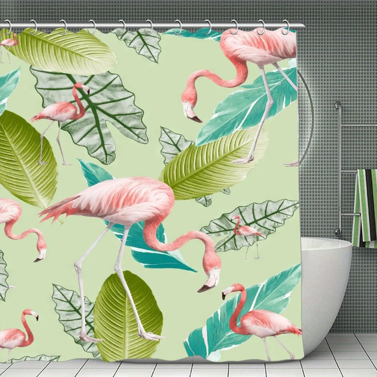 Flamingo and Tropical Leaf Shower Curtain, Pink Birds on Light Green Background, Summer Bathroom Decor