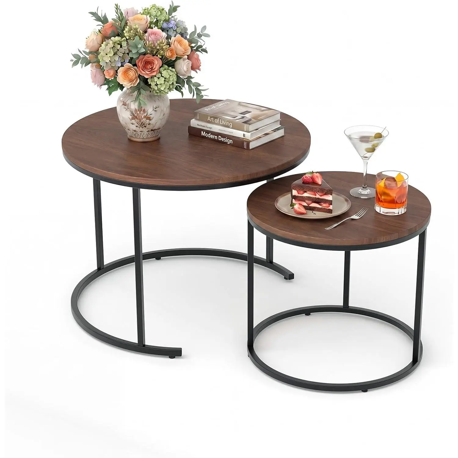 2-Piece Minimalist Faux Marble Round Nesting Coffee Tables - 23.6/15.7in Metal Frame, Space-Saving Side/Bedside Tables with Adjustable Feet for Living Room Home Decor, Bedside Side Table