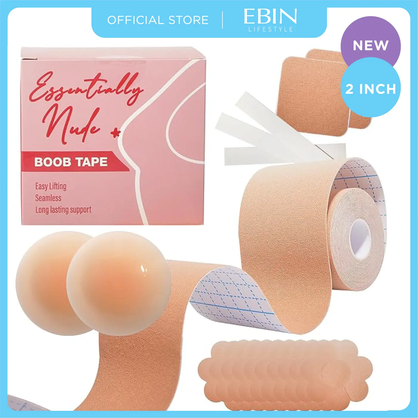 EBIN LIFESTYLE Essentially Nude Body Bra Tape - 2 in/3 in Seamless Double-Sided Invisible Adhesive Strapless Bra Tape, Strong Hold, Custom Lift, Breathable Support, Double-Sided Invisible Bra Tape, Backless Sticky Bra Tape