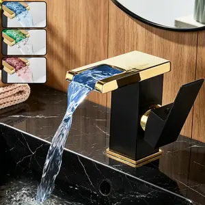 LED Bathroom Sink Faucet, Matte Black Waterfall Single Hole Handle Vanity Faucets for Sinks 1 Hole with Supply Lines