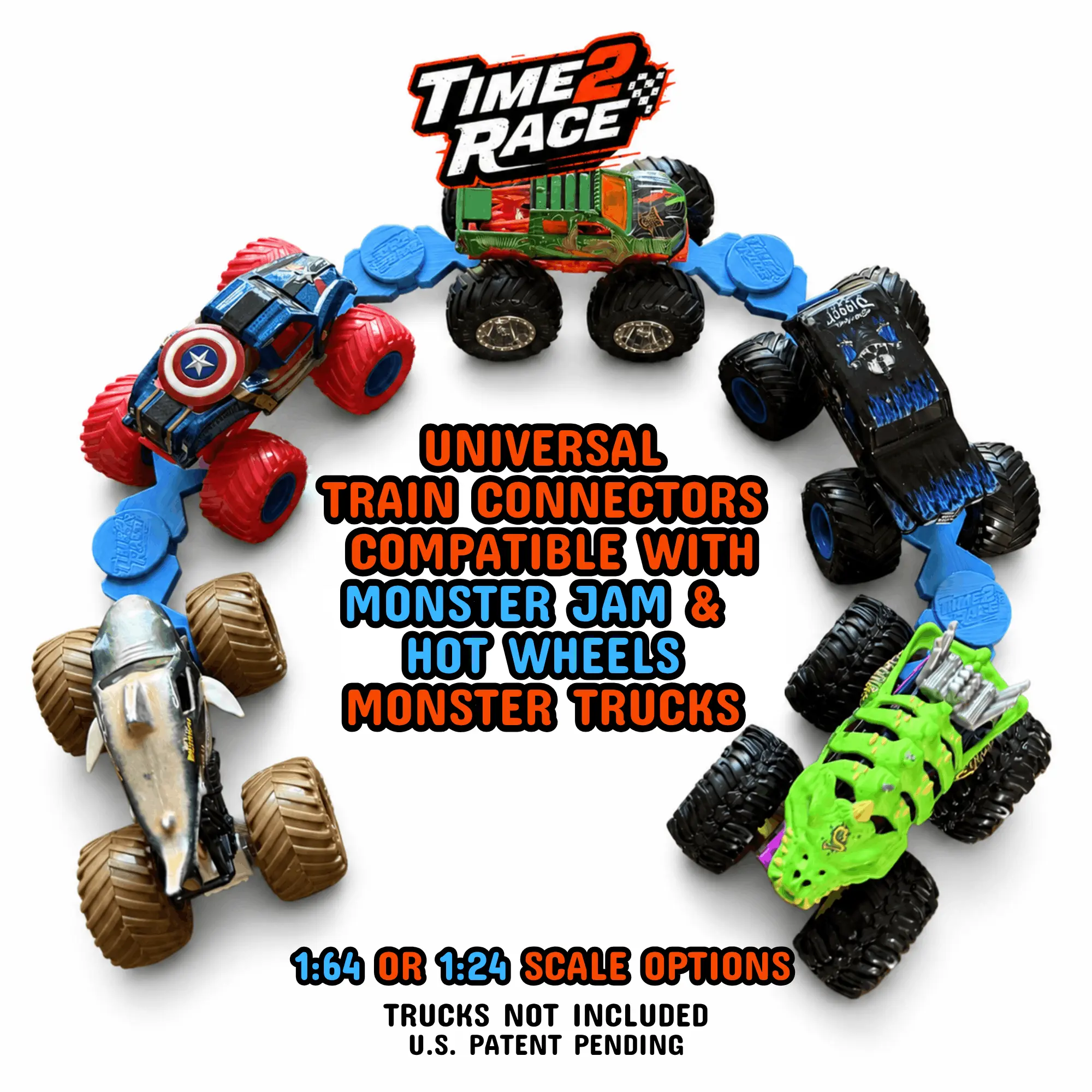 Monster Truck Train Connectors - Universal 1:64 or 1:24 (4-Pack) - Compatible with Monster Jam & Hot Wheels
