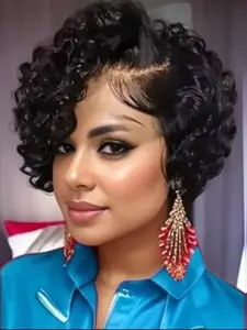 13x4x1 Short Curly Human Hair Wig, Pixie Cut Lace Wigs for Women, Glueless Bob Wig, Natural Look, Easy Maintenance, Perfect for Daily Wear