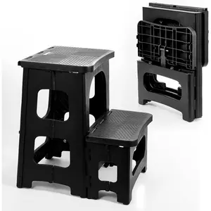 Foldable 2-Step Collapsible Plastic Step Stool for Adults, Folding Step Ladder for Kitchen Home Bathroom RV - Black