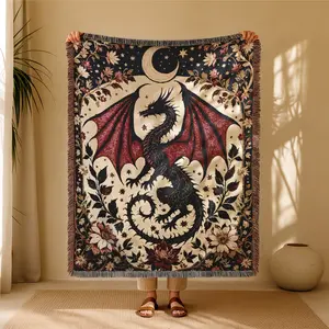 Red Dragon Bohemian Yarn Jacquard Woven Blanket with Tassel Chunky Soft Not Printed, Wear-resistant Washable Easy To Care, No Faded No Pilling, Used for Home Decor Sofa Chair Bed Tapestry Tablecloth Floor Garden Picnic Outdoor Camping