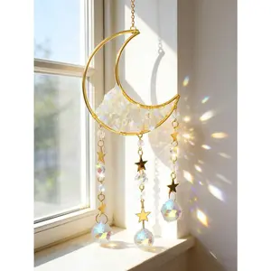 1pc Gold Triple Ring Moon Crystal Hanging Decor, Multi-Layer Geometric Window Prism, Rainbow Maker Catcher, Starry Charm Ornament, Boho Style Witch Room Decoration, Spiritual Meditation Decor, Crystal Teardrop Pendant, Gift For Mom, Yoga Be