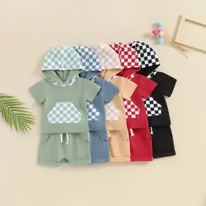 Toddler Baby Boy Summer Outfit Short Sleeve Hooded Plaid Top Casual Checkerboard Shorts Set Infant Newborn Clothes 6 12 18 24 Months 3T