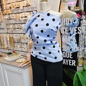 Blue Polka Dot One-Shoulder Top with Bow Detail for Women's Fashion