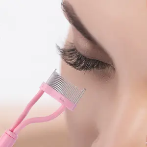 1pc Pink Long Handle Eyelash Separator Tool, Metal Teeth Arc Lash Comb with Protective Cover, Precision Eyelash Grooming Brush, Reusable Mascara Applicator, Symmetry Lash Separating Tool, Daily Eye Makeup & Women Beauty Essential