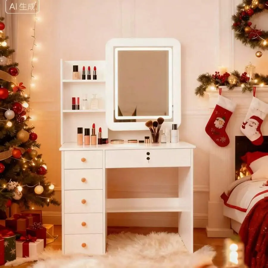 Vanity Desk - Modern Nordic Indoor Compact Dressing Table with Lockable Cabinet, 3-Tier Open Top Storage Shelves, Built-in Drawers, Vanity Organization, Assembly Set (80*40*130cm) Bedroom Gift Option, With Drawers