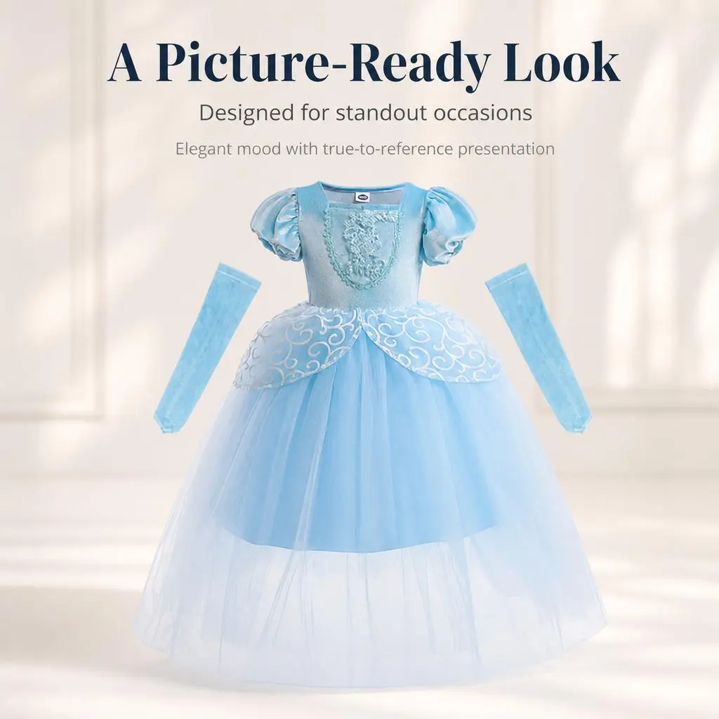 Girls’ royal blue princess fairy tale cosplay gown, elegant ball dress with a magic sparkle bodice, kids’ Halloween party stage performance costume