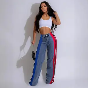 Summer Spring Clothes 2025 New Striped Color Patchwork Denim Straight Pants Women Fashion Button Fly High Waist Loose Casual Jeans Trousers Streetwear Bottoms Womenswear Check Light Gamis