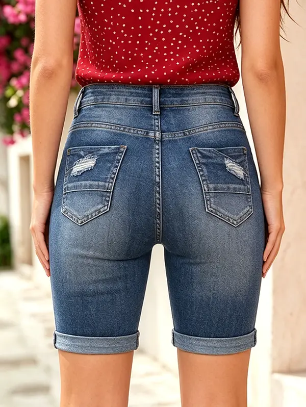 roswear Women's Mid-Rise Roll-Cuff Bermuda Stretch Denim Shorts, Above-the-Knee, Casual Fashion, Cropped Stretch Shorts