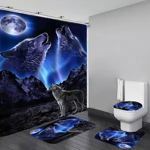 Wolf & Moon Pattern Bathroom Set, 4 Counts/set Including 1 Shower Curtain & 1 Bathroom Rug & 1 Toilet U-shape Mat & 1 Toilet Lid Cover Pad, Decorative Bathroom Accessories, Shower Curtain Sets