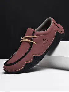 Men's Fashion Handmade Lace-Up Loafers, Simple Solid Low-Top Sporty Casual Shoes, Lightweight Comfortable Non-Slip Rubber Sole