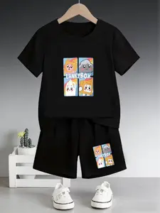 Lankybox Cartoon Four-Panel Game-Style Printed Children's Set, Summer New Design - Boys And Girls' Short-Sleeved T-Shirts + Shorts Set Of 2 Pieces. Comfortable, Casual, Fashionable And Versatile For Daily Use. Ideal Gift Choice.
