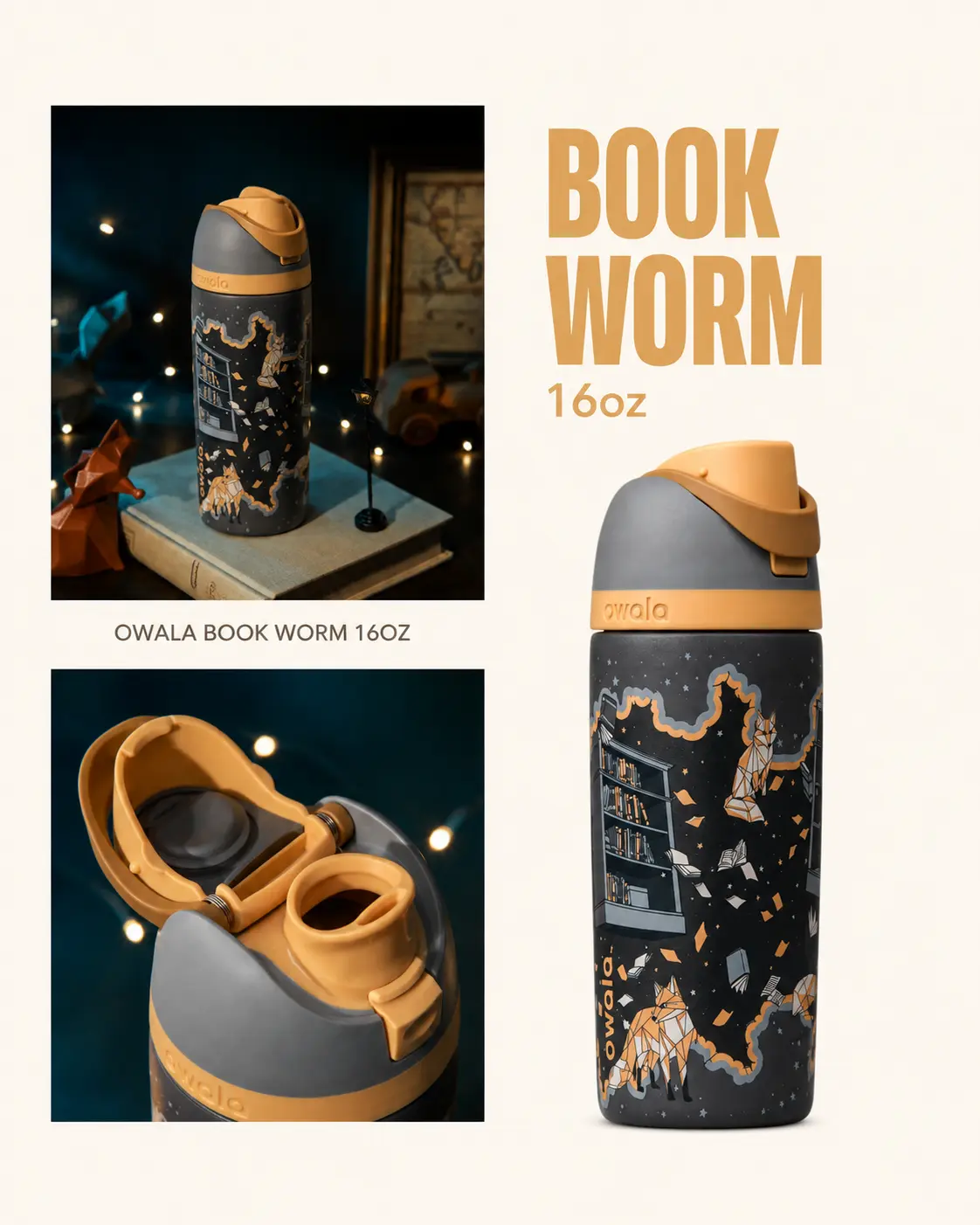 Owala Book Worm 16oz FreeSip Water Bottle | Book Club Collection Back to School Insulated Bottle for Kids, Students, Reading Time & Daily Hydration