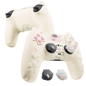 PlayVital for PS5 Controller Cover Skin - Cherry Blossoms Kitten Anti-slip Grip Skin with Thumb Grip & Sticker - Soft Rubber Protector for PS5 Controller Accessories - Pink