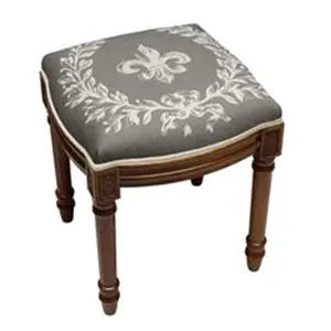 123 Creations  Grey Fleur De Lis Upholstered Wooden Vanity Stool, Wood Stain