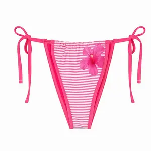 Hibiscus Stripes Bikini Bottom - Flowerel & Stripes Pattern Cheeky Side Tie Bikini Bottoms Adjustable High-Stretch Swim Fabric