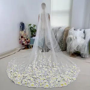 "Fried egg" vibrant sunflower wedding veil, single tier cathedral length veil, romantic and yellow 3d flowery bridal veil, Ivory soft tulle veil